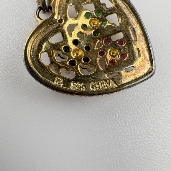 Sterling Silver 925 Gold Tone Heart Pendant Necklace Flower Stones 18in - Picture 6 of 10